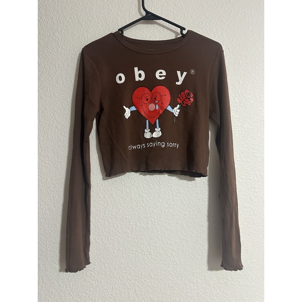 NWOT Obey Always saying sorry crop top S brown lettuce hem long sleeve emo shirt